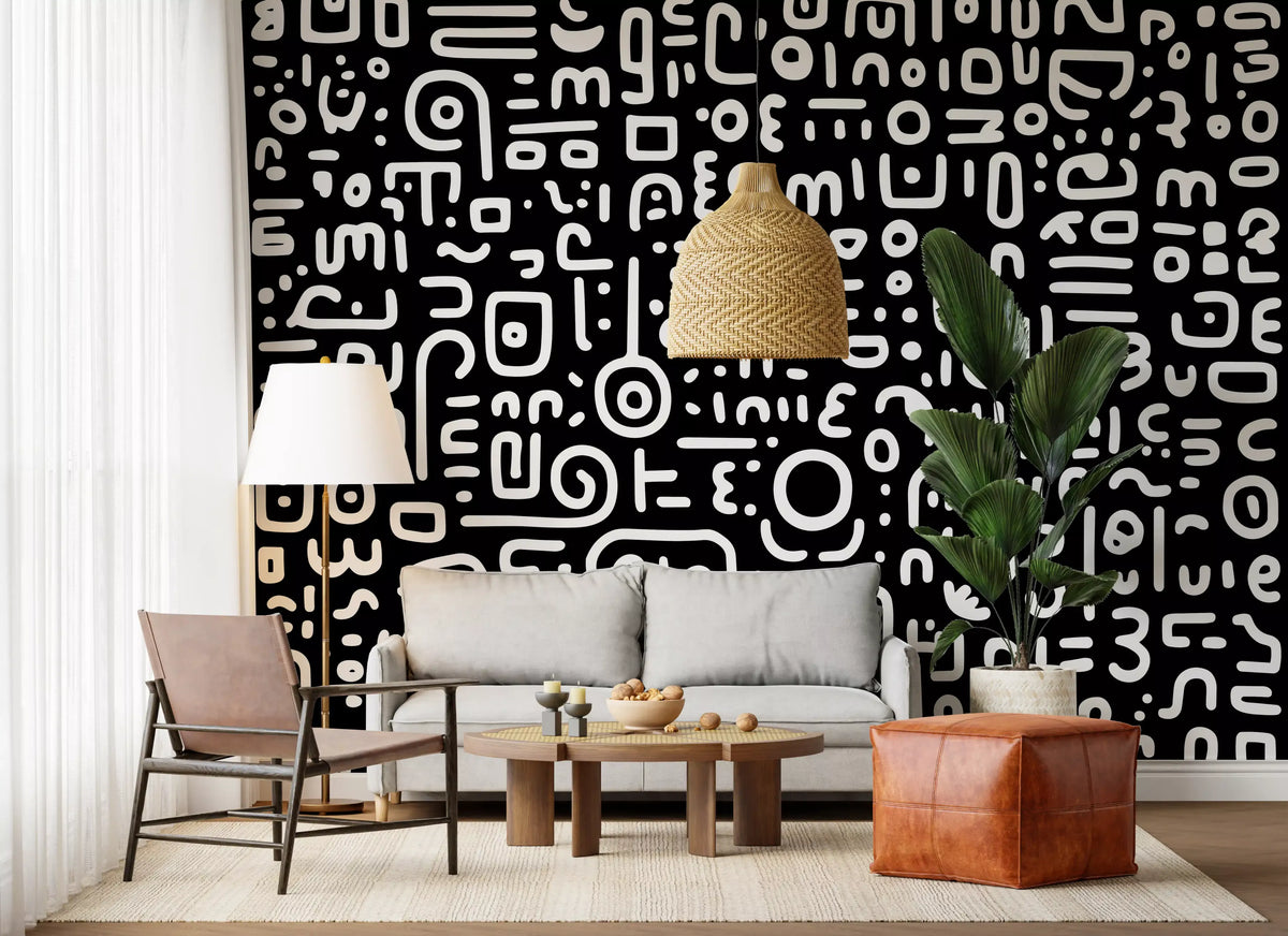 Monochrome Geometric Doodle Symbols on Black Wall Mural