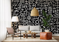 Monochrome Geometric Doodle Symbols on Black Wall Mural