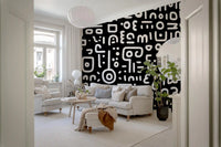 Monochrome Geometric Doodle Symbols on Black Wall Mural