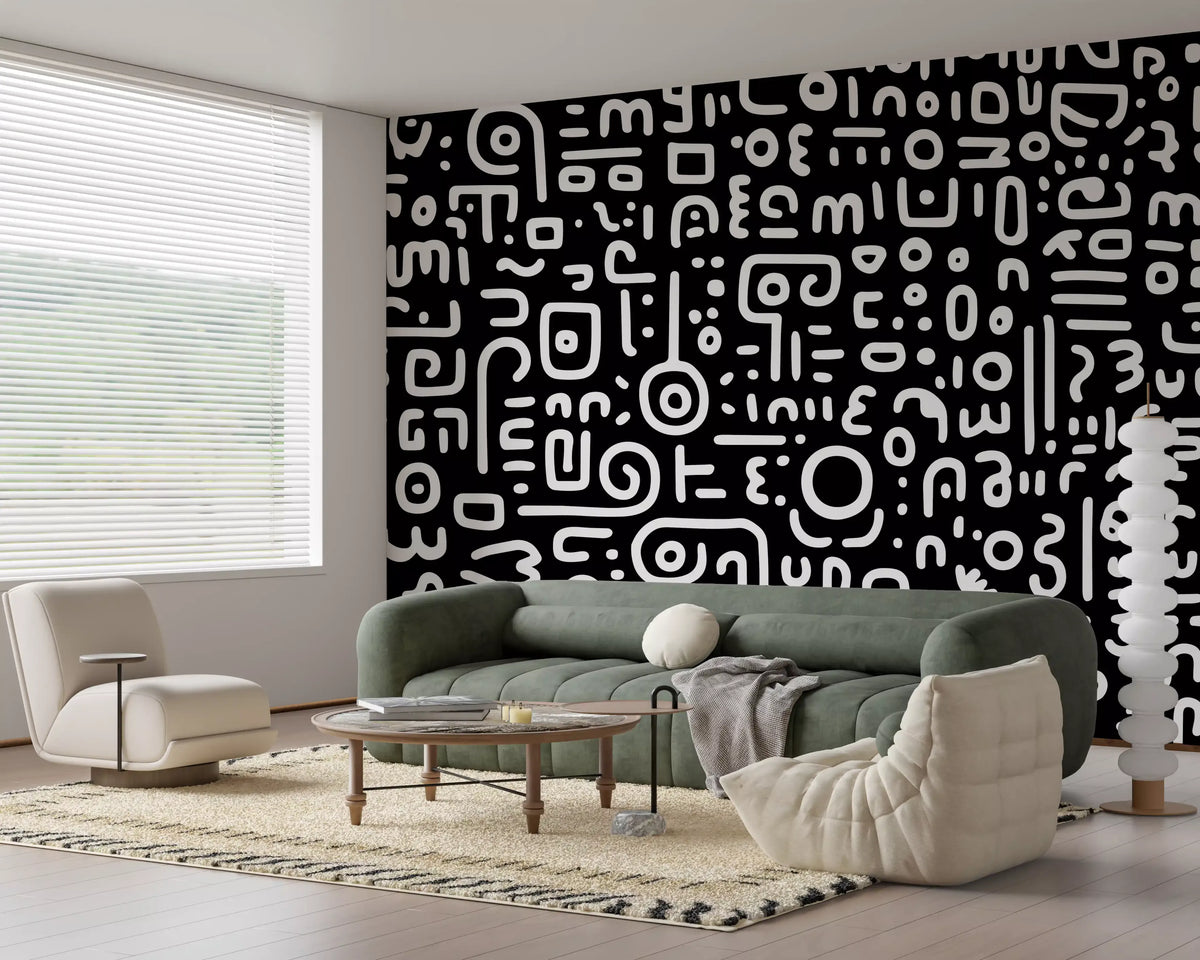 Monochrome Geometric Doodle Symbols on Black Wall Mural