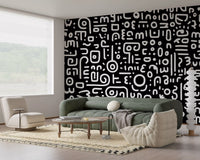 Monochrome Geometric Doodle Symbols on Black Wall Mural