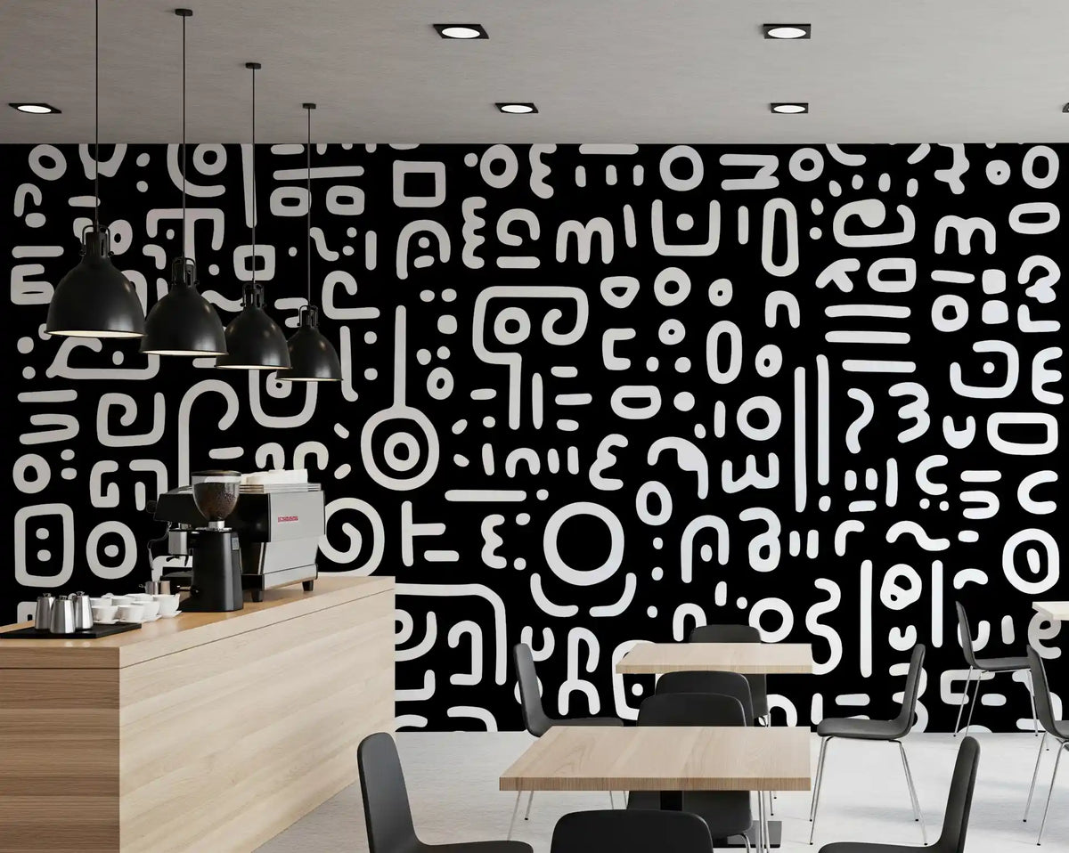 Monochrome Geometric Doodle Symbols on Black Wall Mural