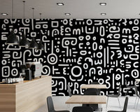 Monochrome Geometric Doodle Symbols on Black Wall Mural
