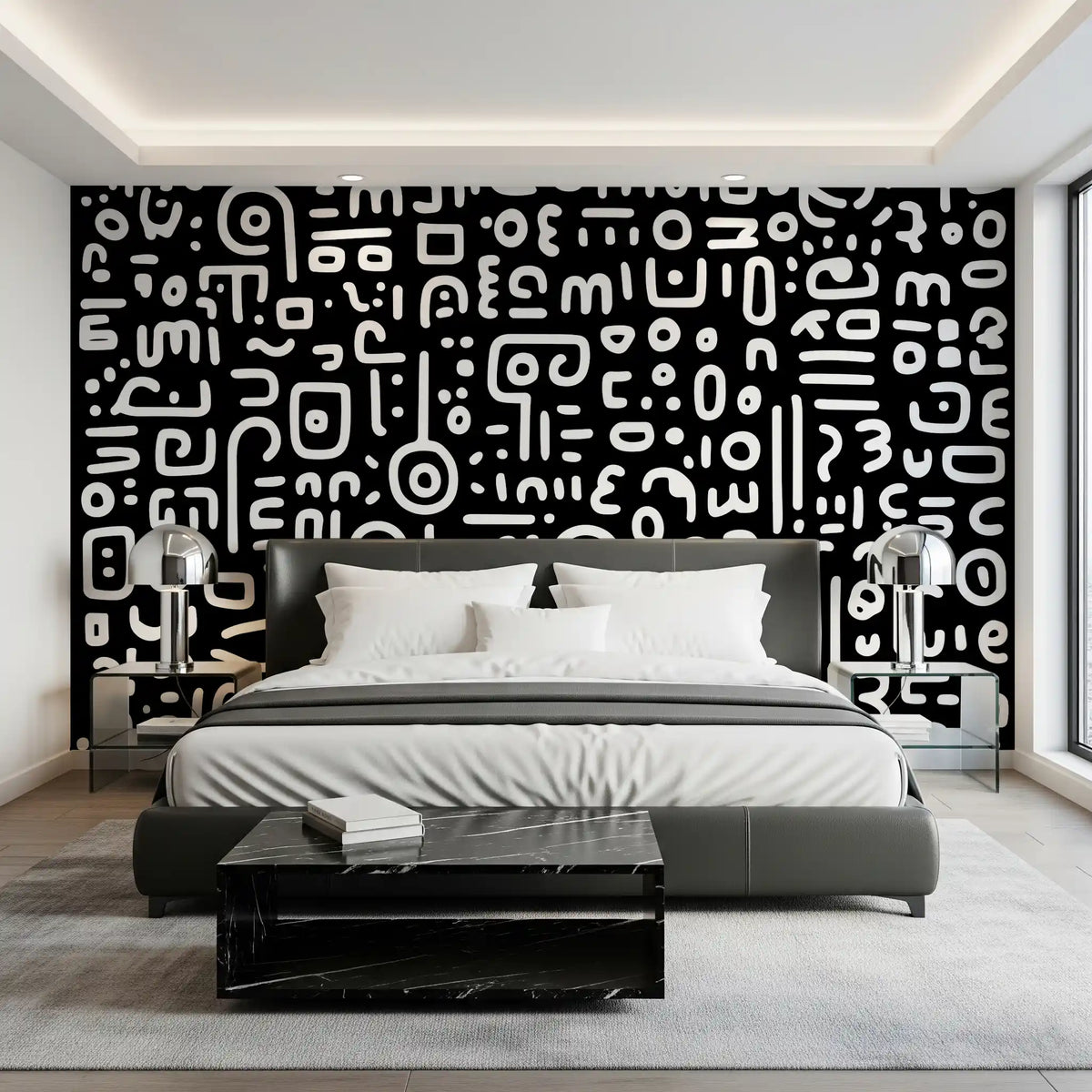 Monochrome Geometric Doodle Symbols on Black Wall Mural