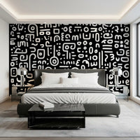Monochrome Geometric Doodle Symbols on Black Wall Mural