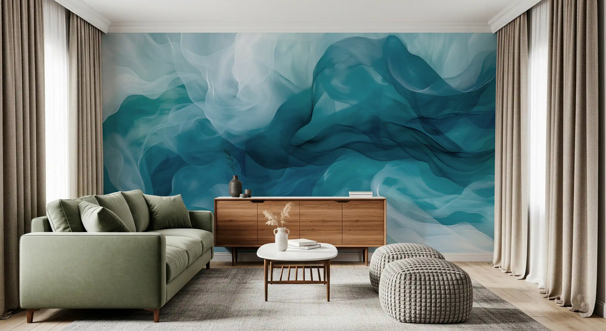 Ethereal Teal Smoke Swirls Wall Mural