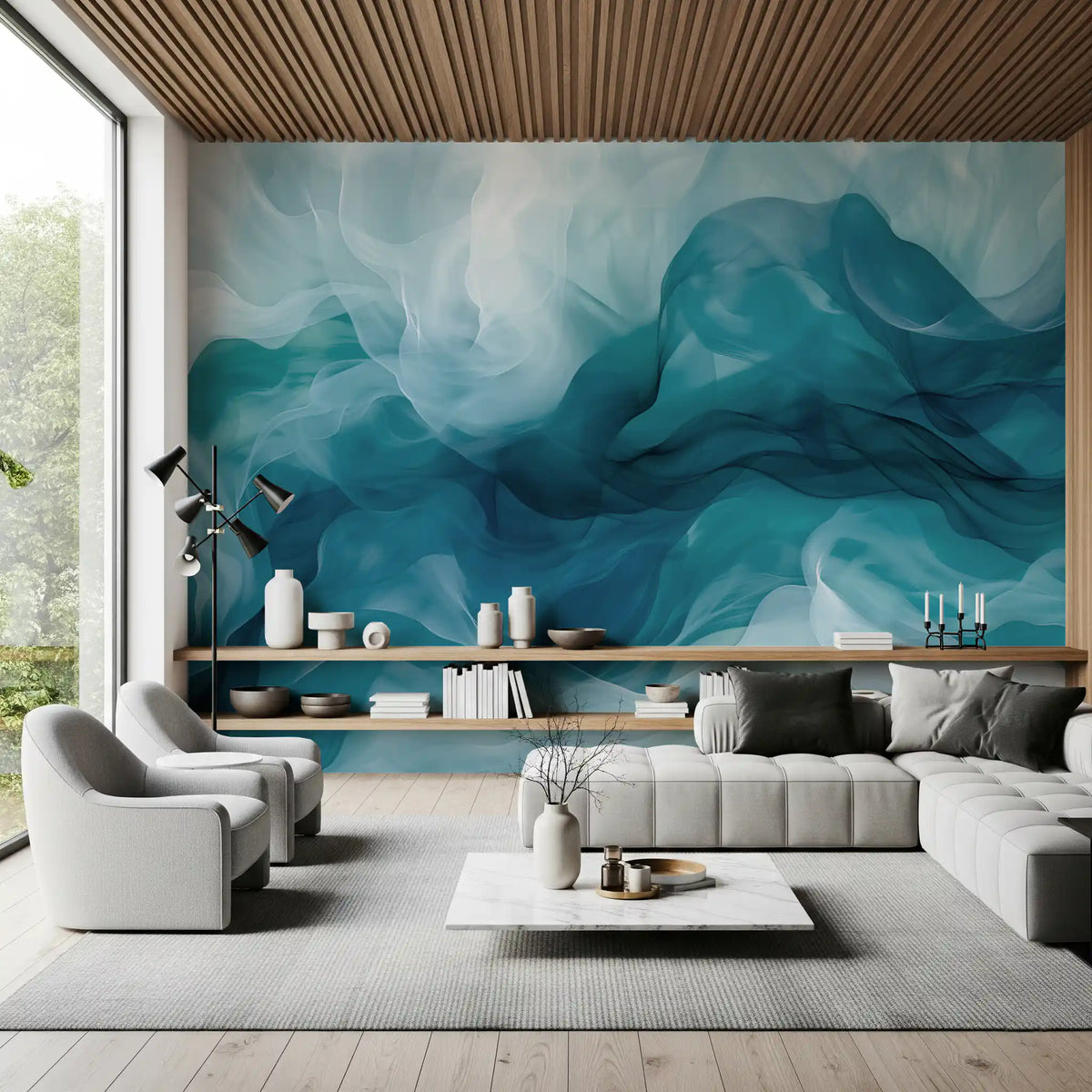 Ethereal Teal Smoke Swirls Wall Mural