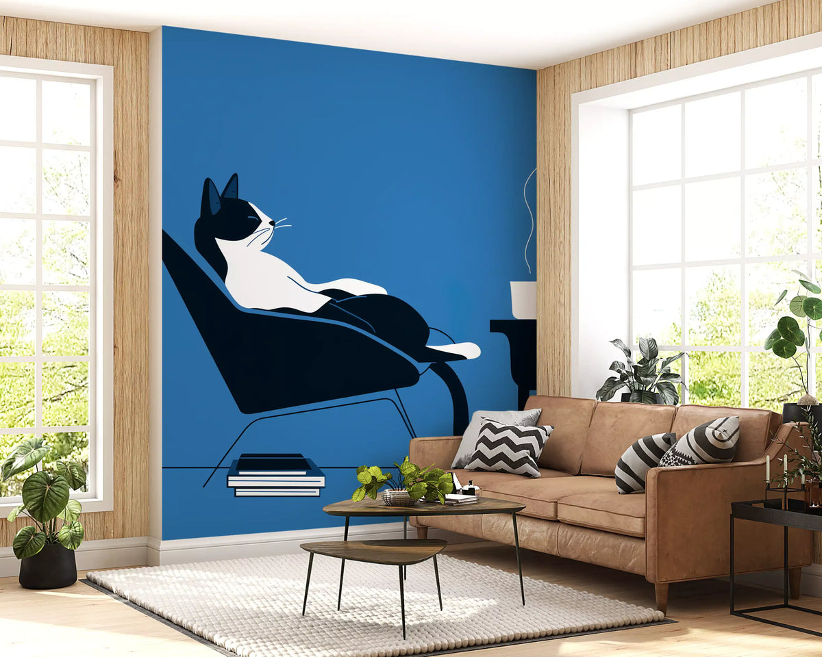 Minimalist Feline Coffee Break Wall Mural