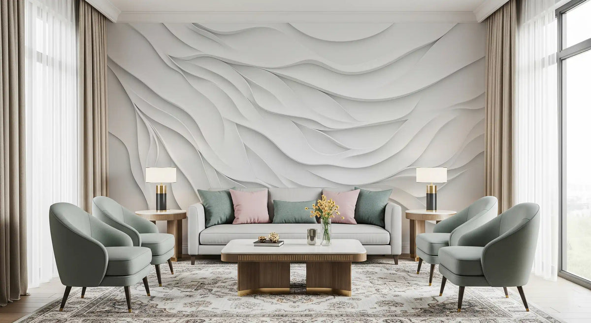 Minimalist White Fluid Waves Wall Mural