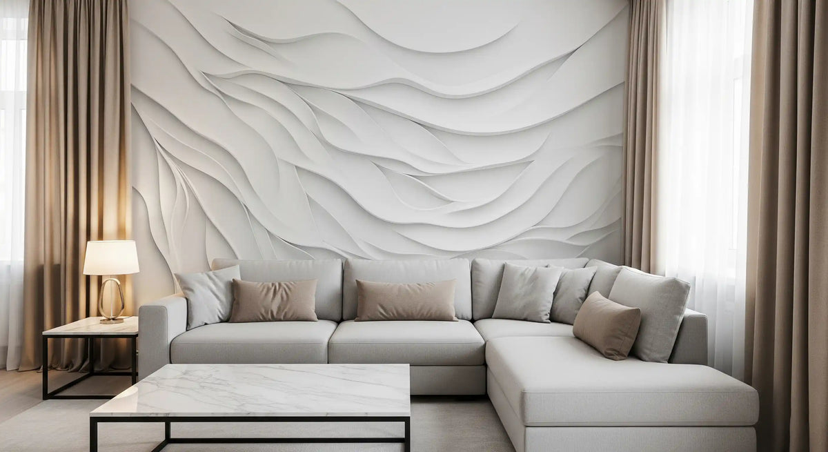 Minimalist White Fluid Waves Wall Mural