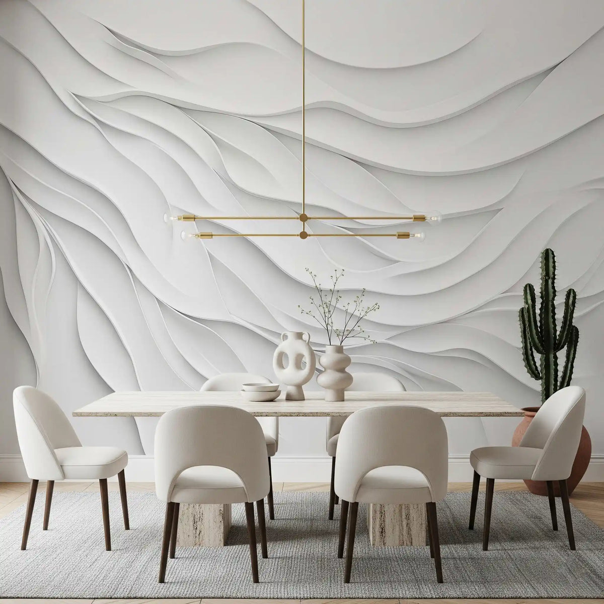 Minimalist White Fluid Waves Wall Mural