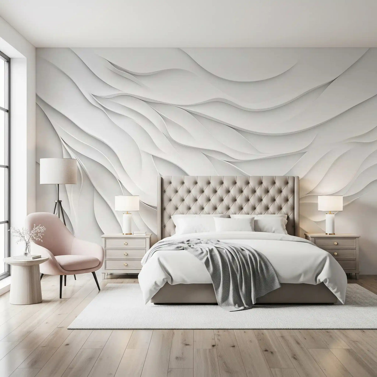 Minimalist White Fluid Waves Wall Mural