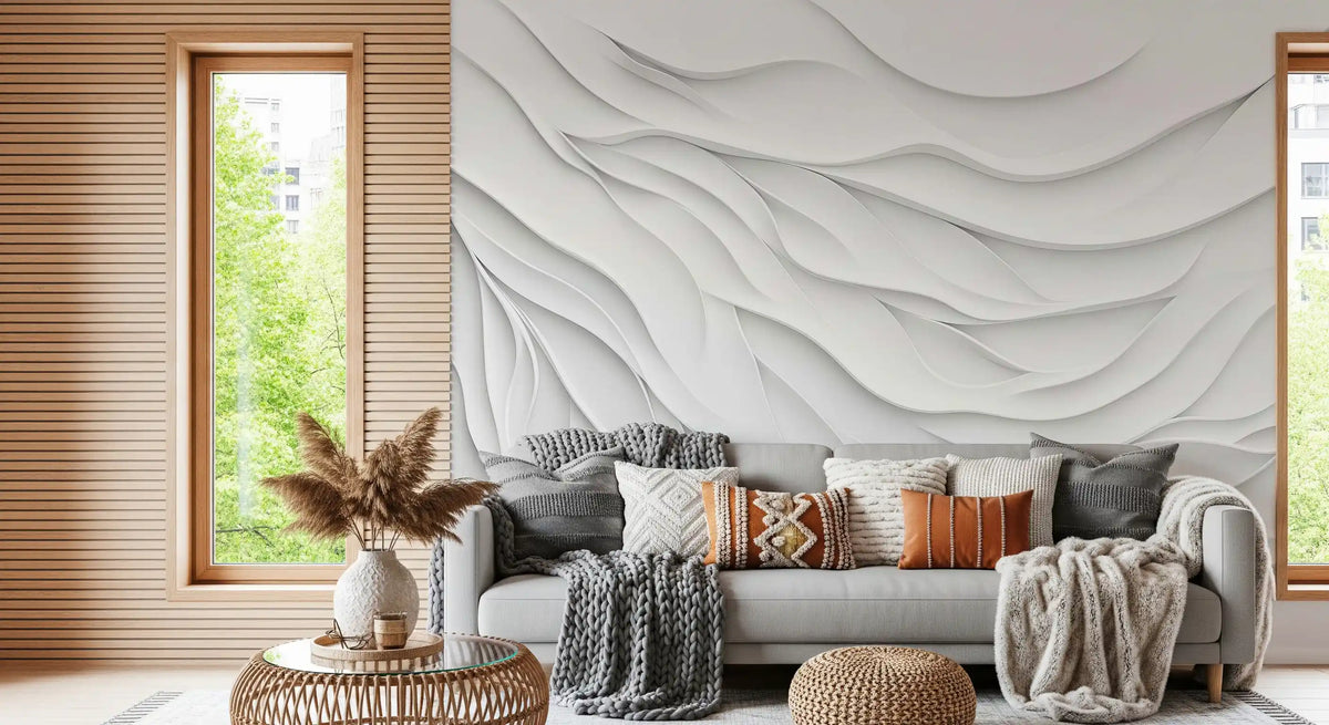 Minimalist White Fluid Waves Wall Mural
