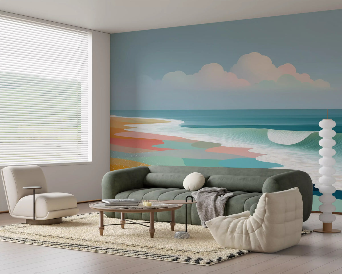 Vibrant Tropical Beach Horizon and Rolling Surf Wall Mural