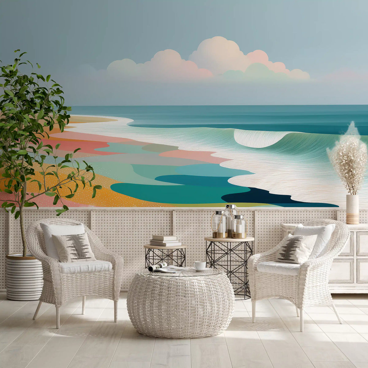 Vibrant Tropical Beach Horizon and Rolling Surf Wall Mural