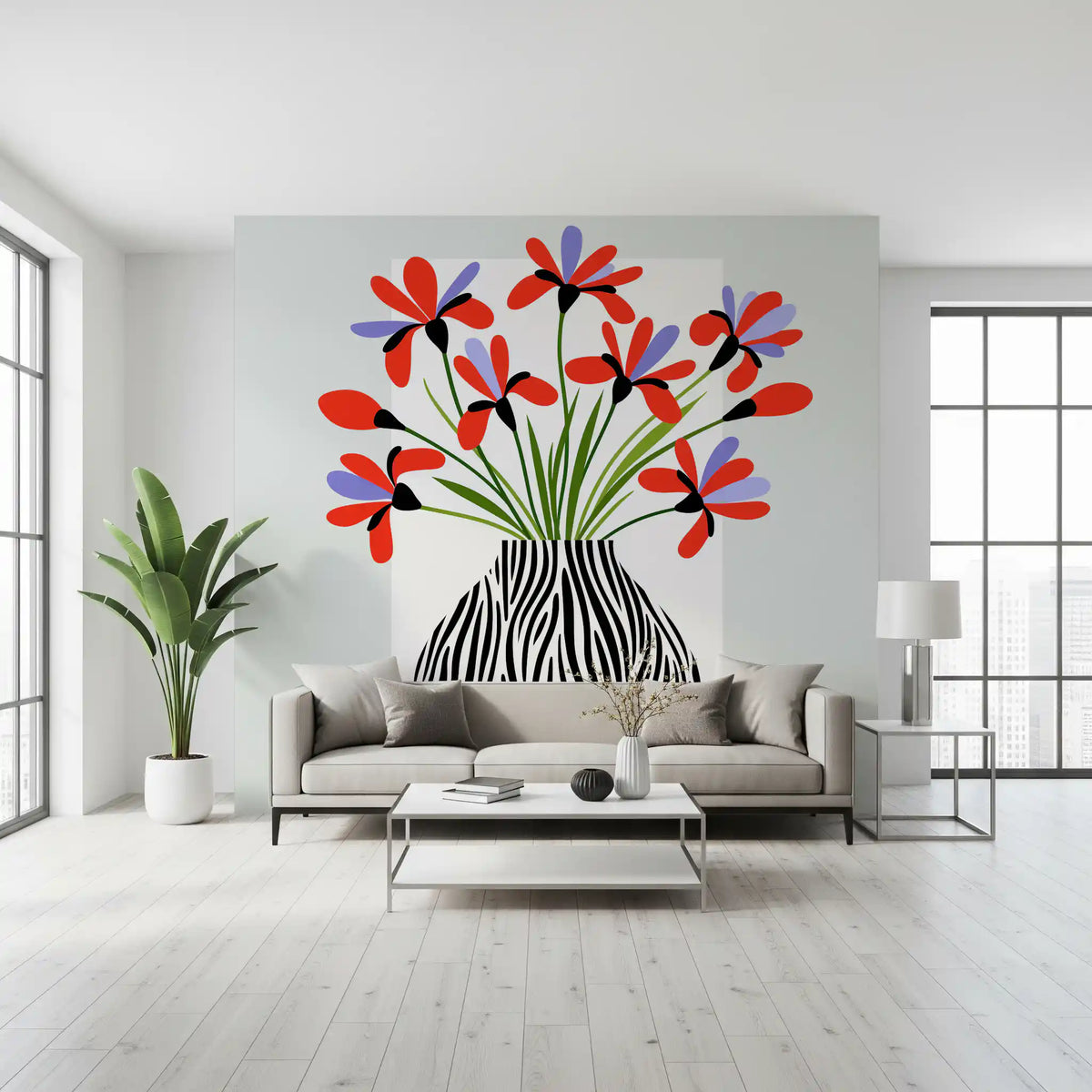 Zebra Vase Floral Bouquet Wall Mural