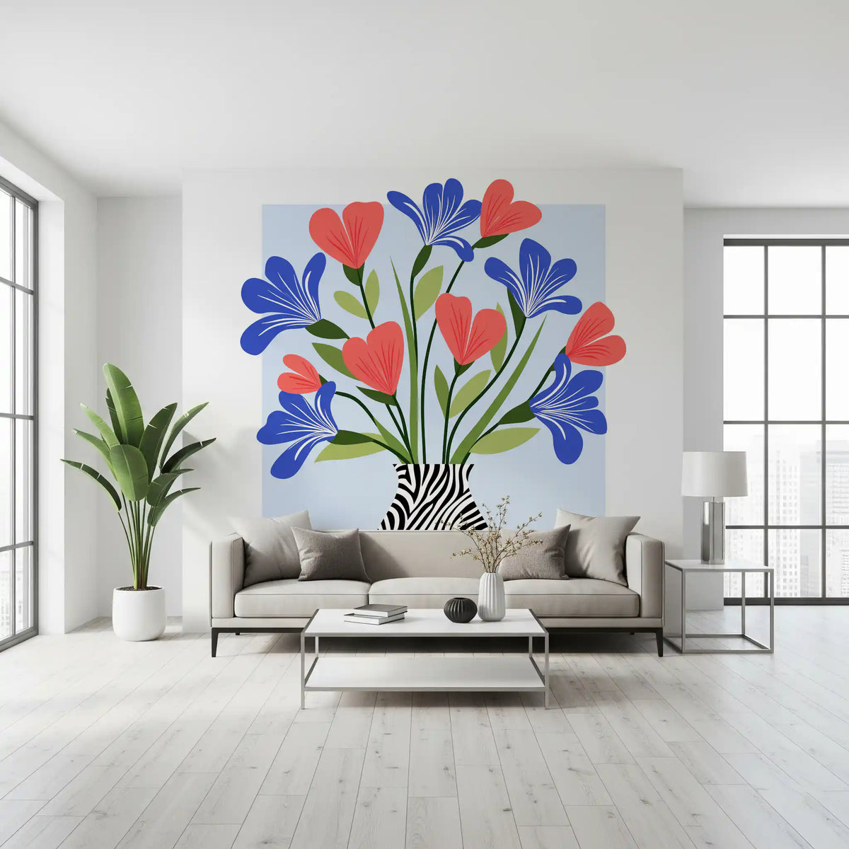 Boho Floral Vase and Stripe Pattern Wall Mural