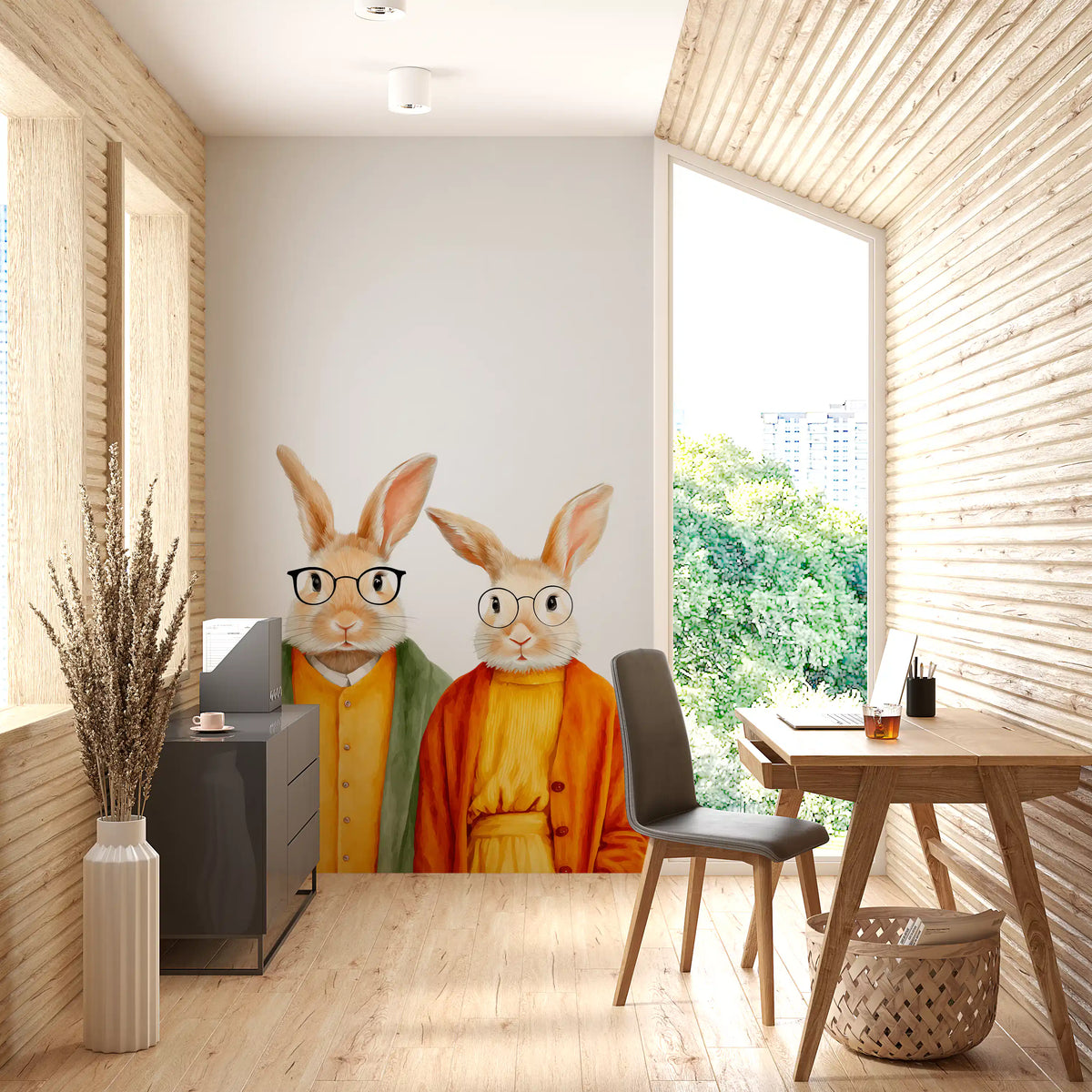 Whimsical Rabbits in Cardigans Wall Mural