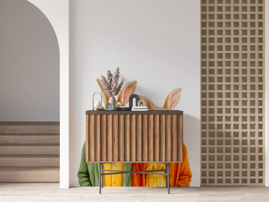 Bunny wallpaper mural behind a fluted wood cabinet beside a staircase and lattice screen GD13647