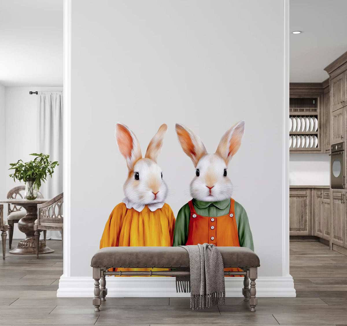 Vintage Storybook Rabbit Pair Wall Mural