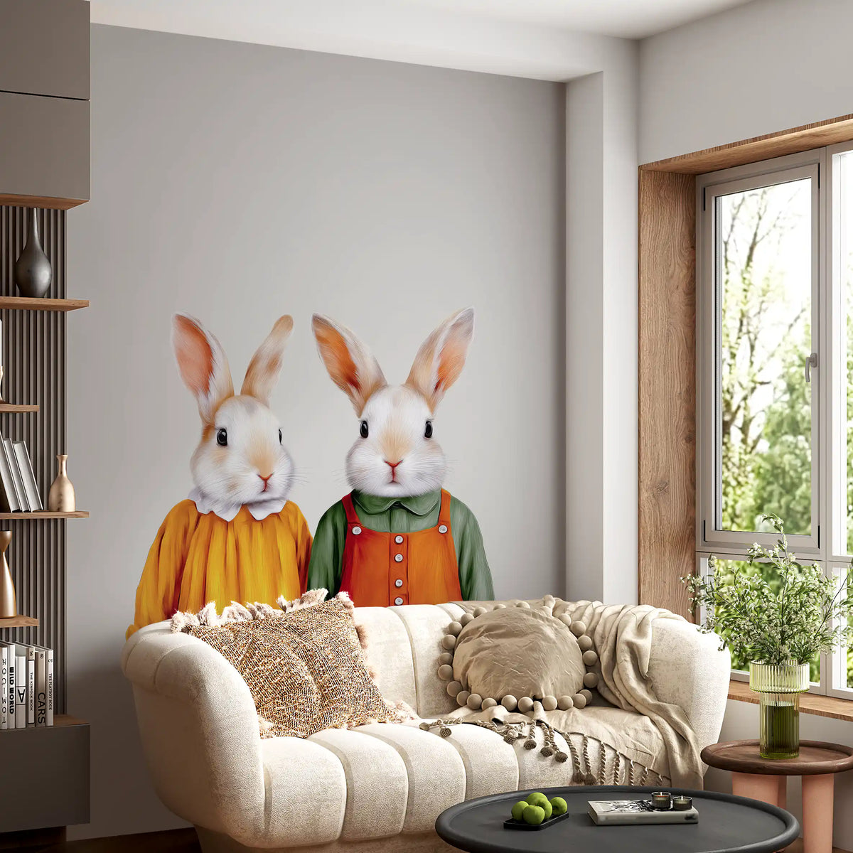 Vintage Storybook Rabbit Pair Wall Mural