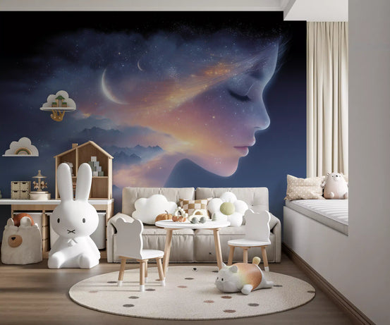 Fantasy wallpaper mural in a playroom with a bunny lamp, small white table and dotted rug GD13654