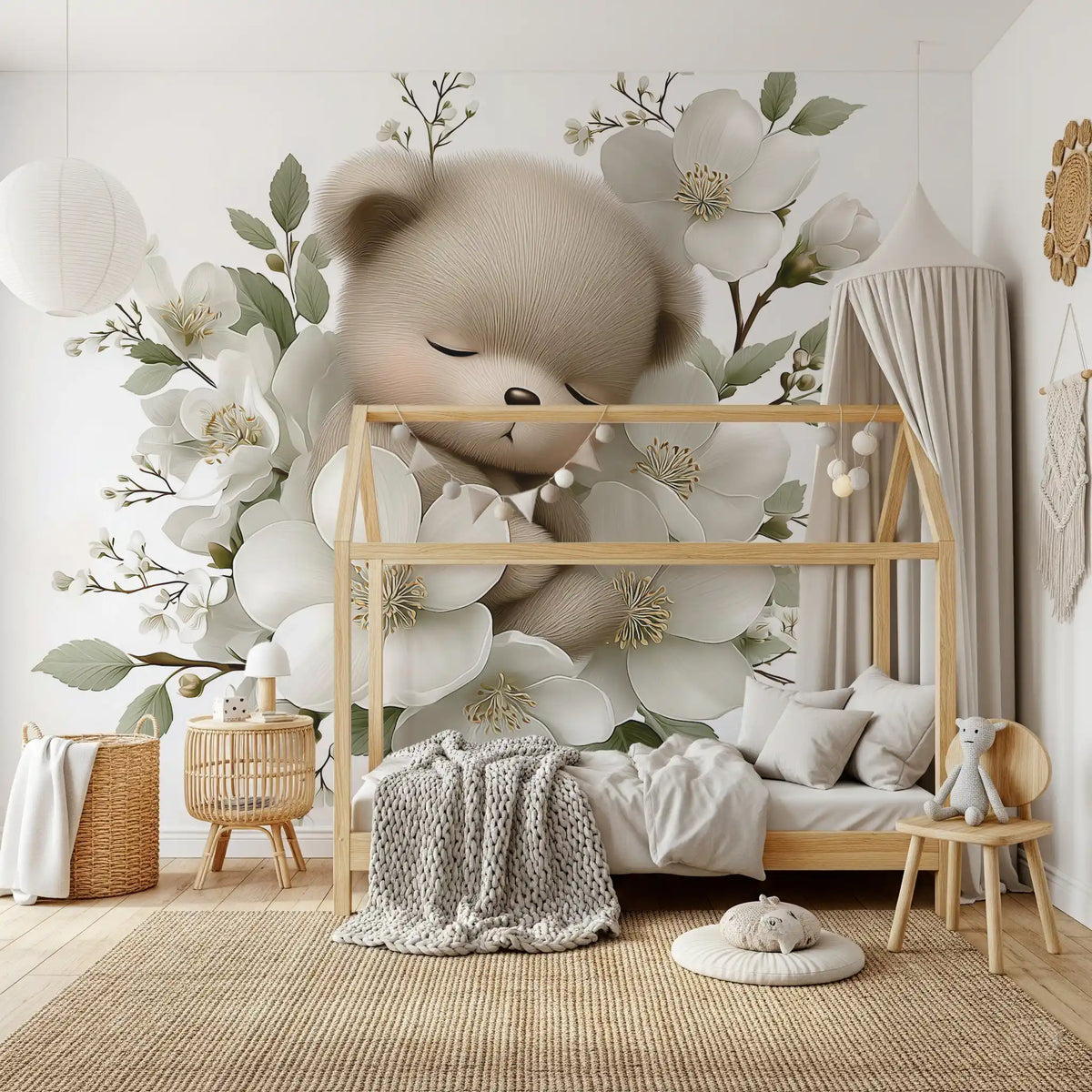 Sleeping Bear in White Blossom Wall Mural