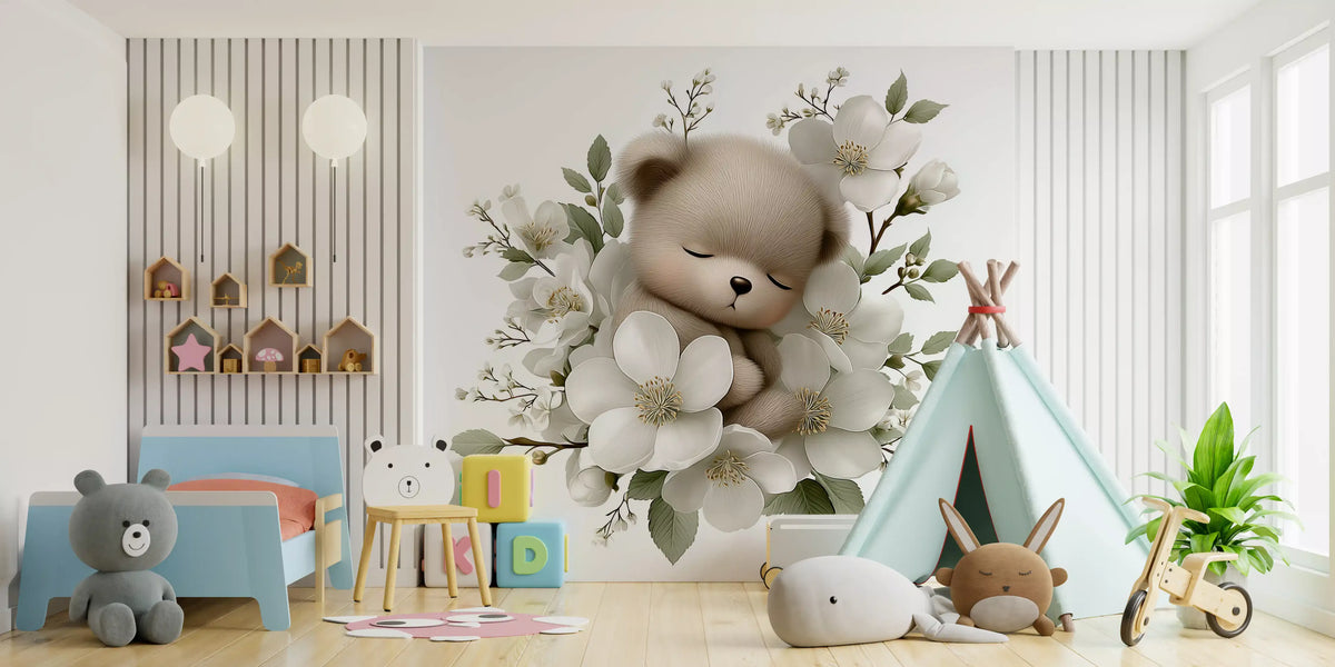 Sleeping Bear in White Blossom Wall Mural