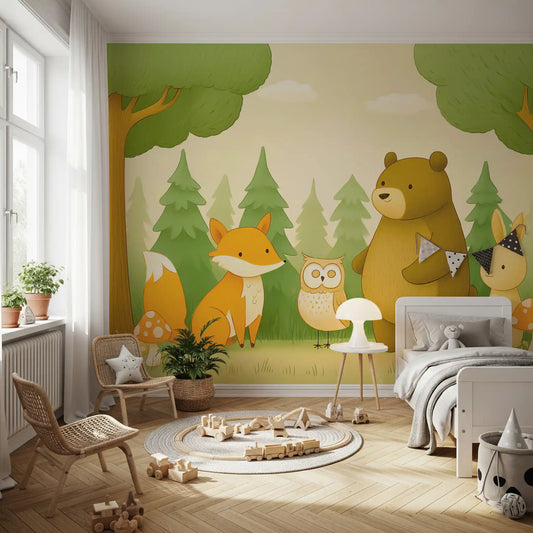 Forest wallpaper in a kids room with a rattan chair, wooden block rug and mushroom lamp GD13656