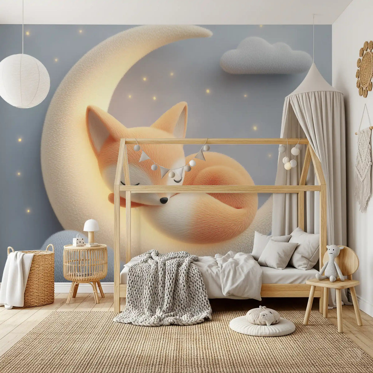 Sleeping Fox on Crescent Moon Wall Mural