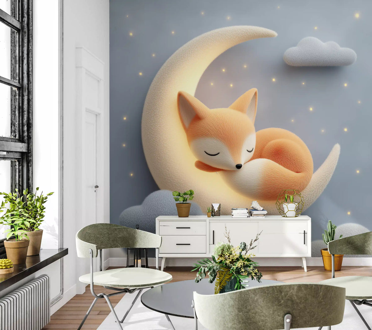 Sleeping fox moon mural behind a white sideboard, sage green chairs and plants GD13657