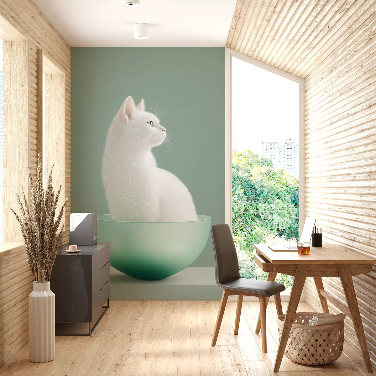 Minimalist White Cat in Mint Bowl Wall Mural