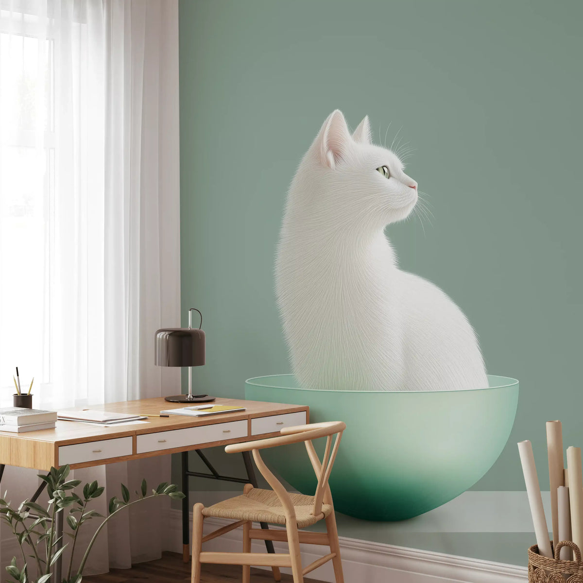 Minimalist White Cat in Mint Bowl Wall Mural