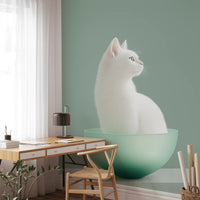 Minimalist White Cat in Mint Bowl Wall Mural