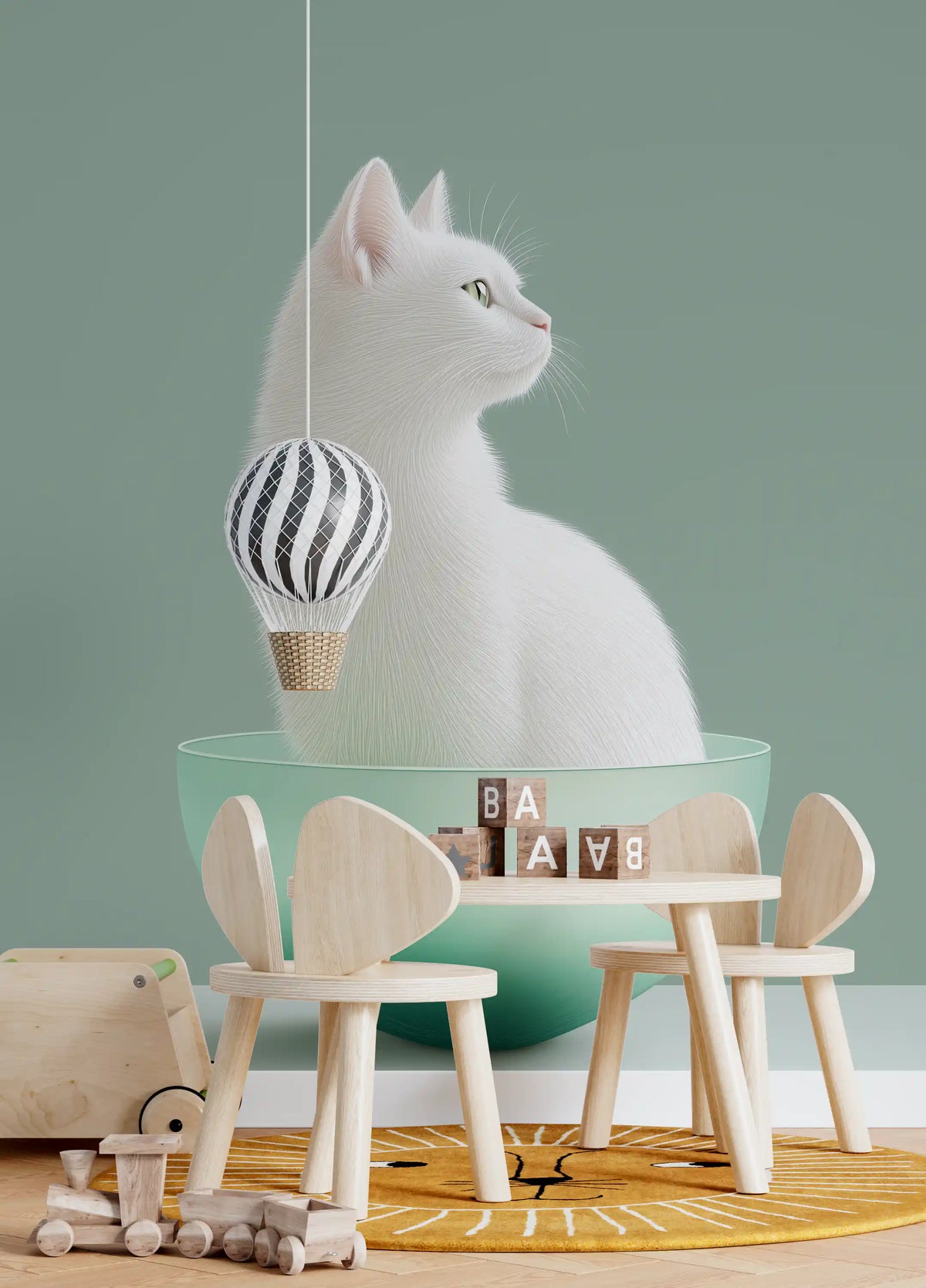 Minimalist White Cat in Mint Bowl Wall Mural