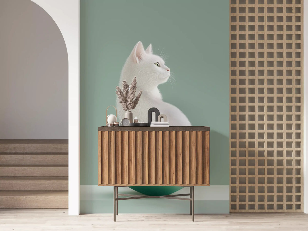Minimalist White Cat in Mint Bowl Wall Mural