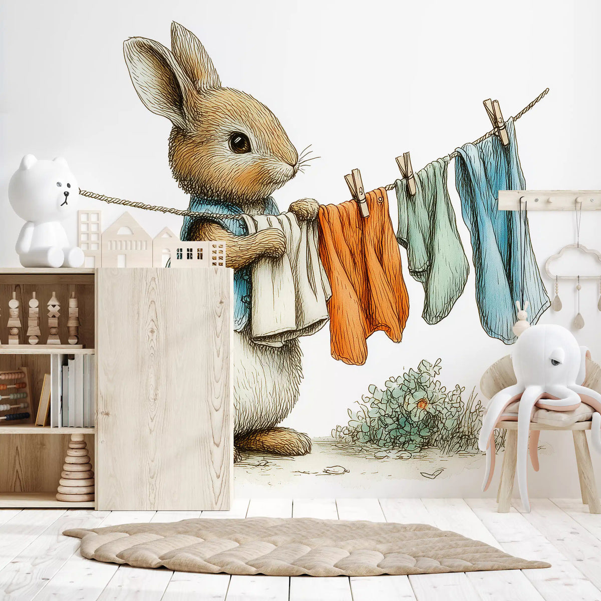 Bunny wallpaper mural in a nursery with a wooden cabinet, bear lamp and octopus plush GD13661