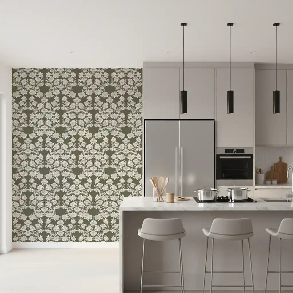 Muted Sage Traditional Floral Pattern Wallpaper⁠