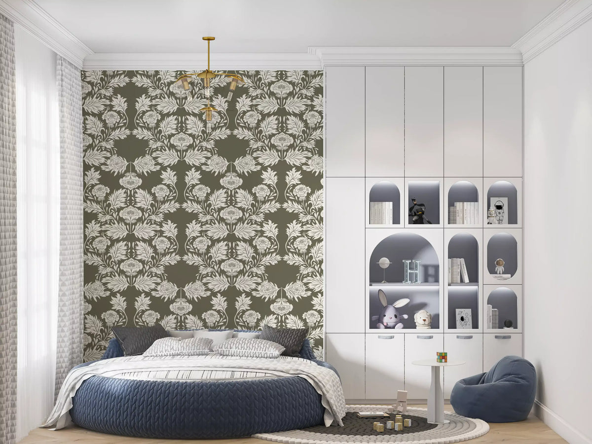 Muted Sage Traditional Floral Pattern Wallpaper⁠