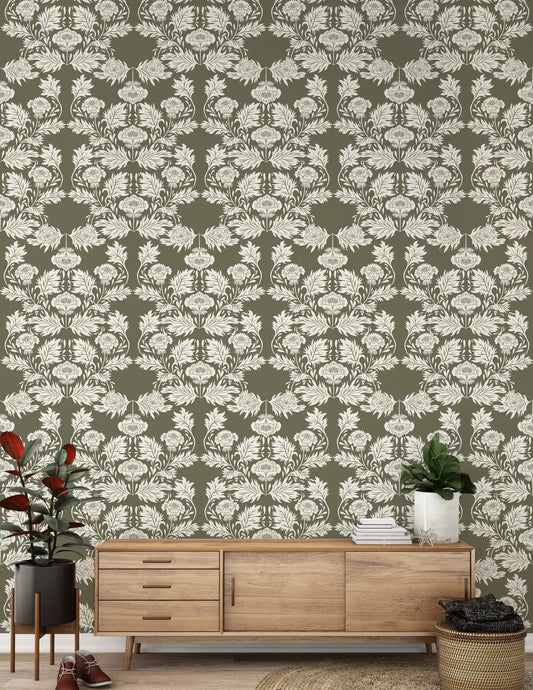 Muted Sage Traditional Floral Pattern Wallpaper⁠