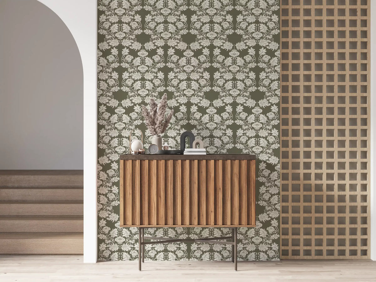 Muted Sage Traditional Floral Pattern Wallpaper⁠