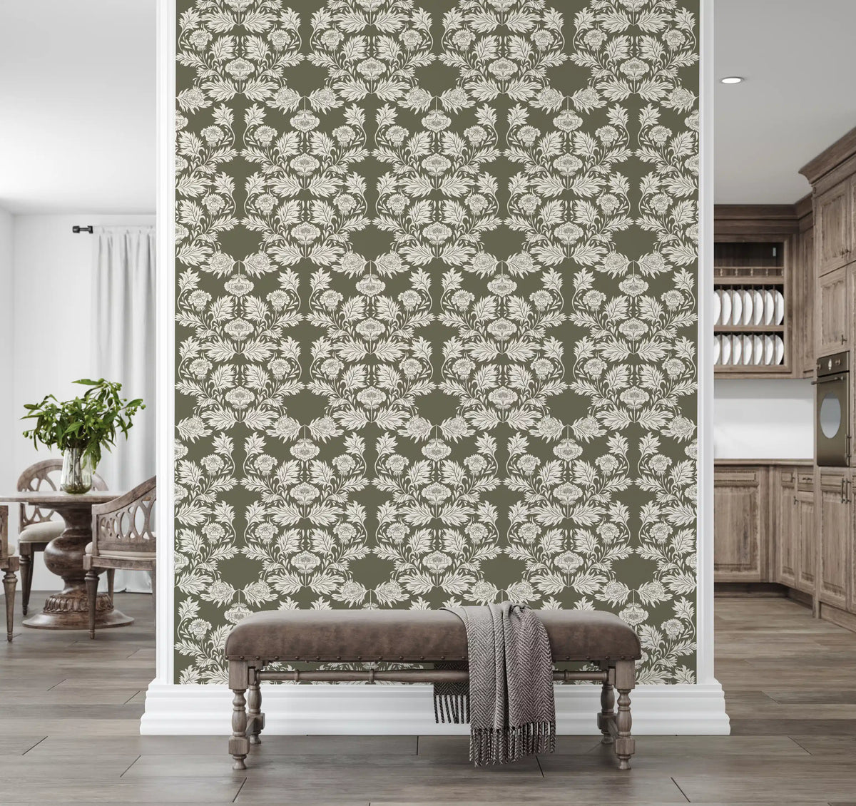 Muted Sage Traditional Floral Pattern Wallpaper⁠