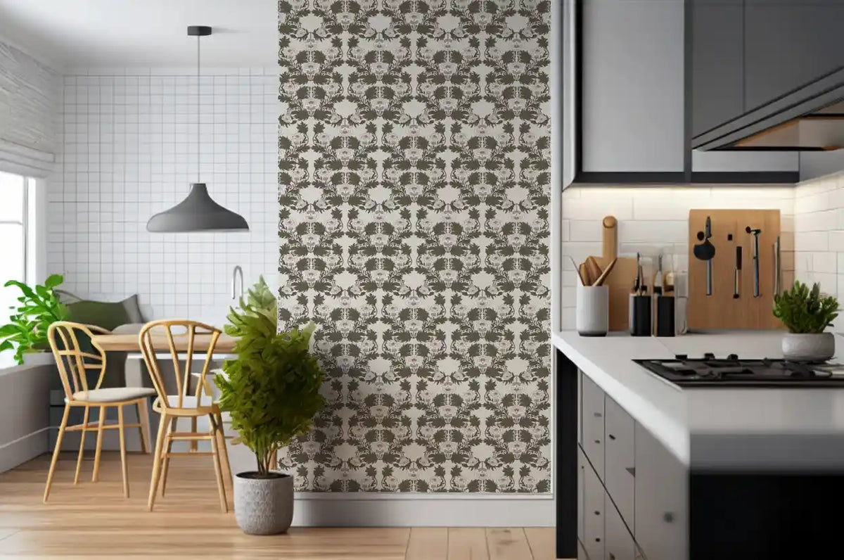 Symmetrical Sage Foliage and Peony Illustration Wallpaper⁠