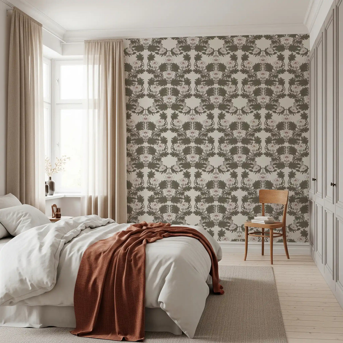 Symmetrical Sage Foliage and Peony Illustration Wallpaper⁠
