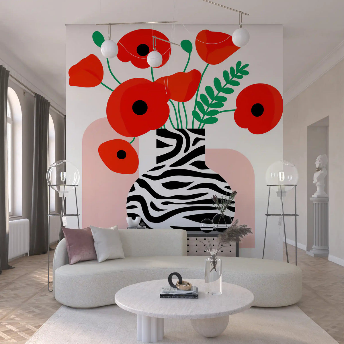 Abstract Poppies in Zebra Print Vase Wall Mural