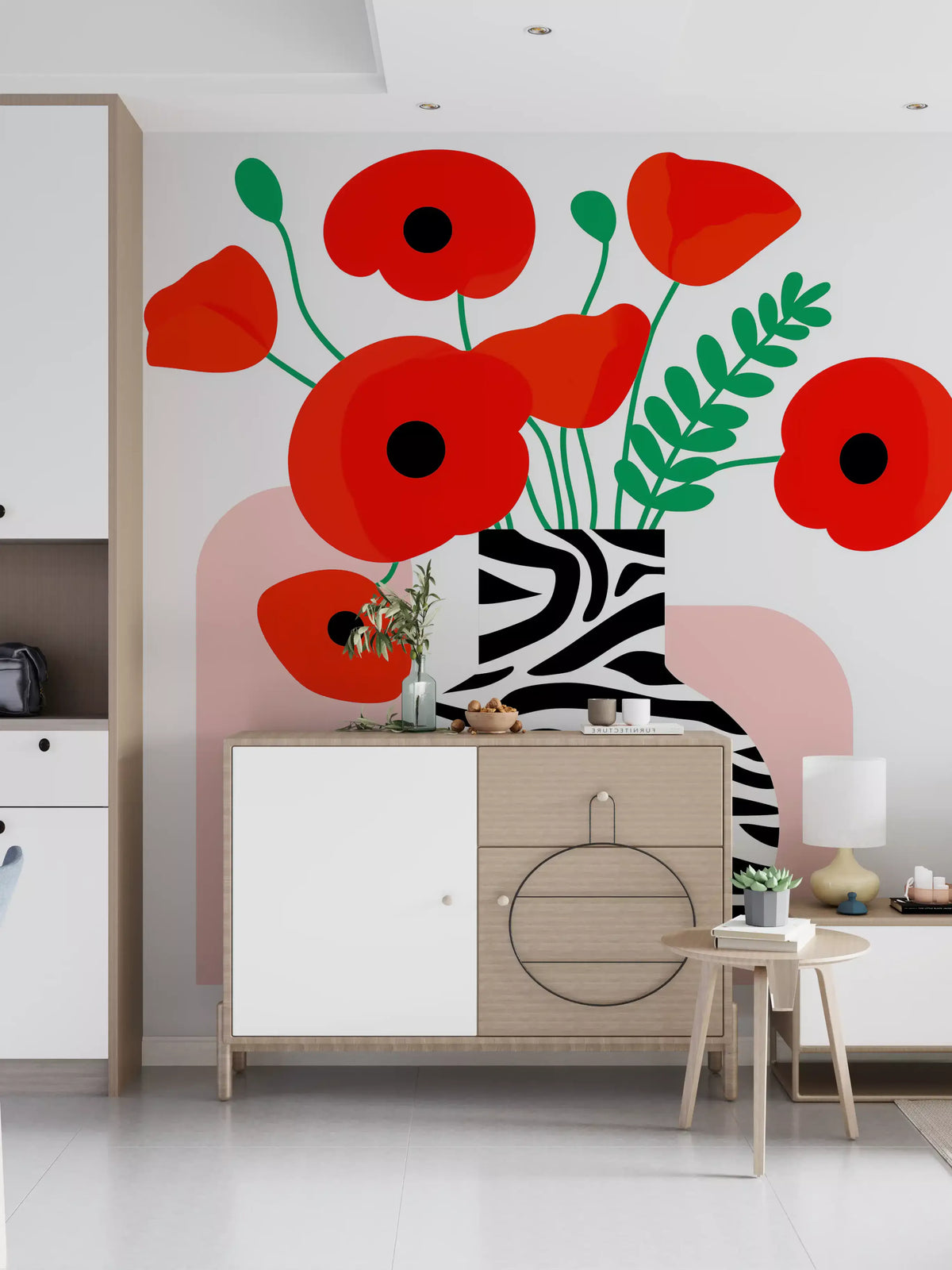 Abstract Poppies in Zebra Print Vase Wall Mural
