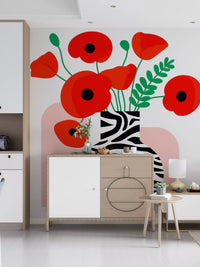 Abstract Poppies in Zebra Print Vase Wall Mural
