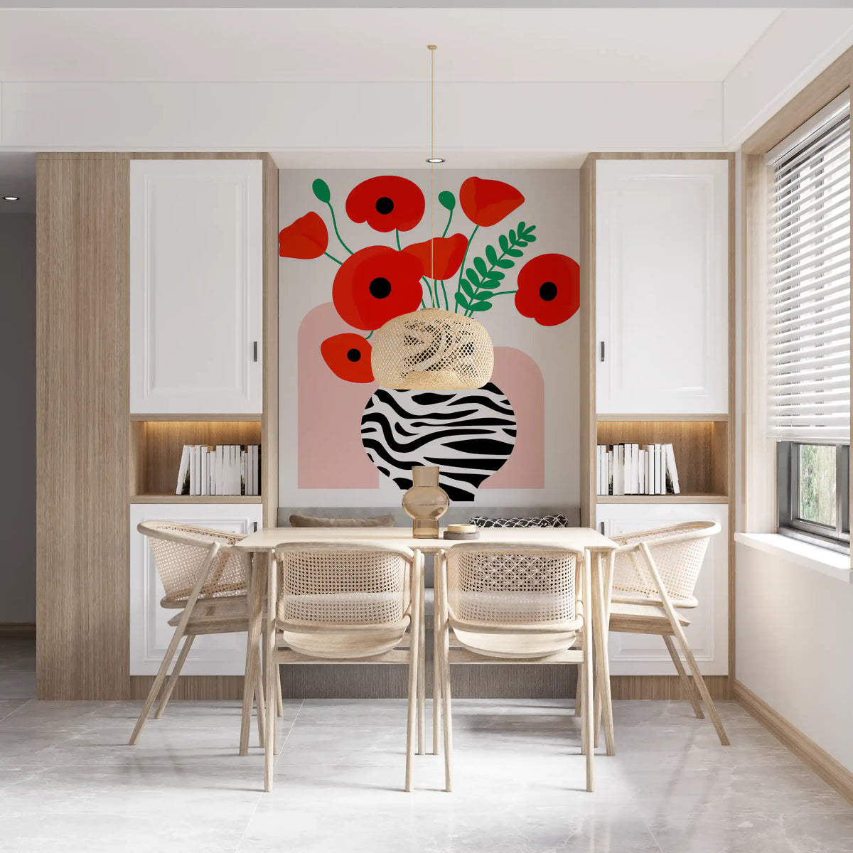 Abstract Poppies in Zebra Print Vase Wall Mural