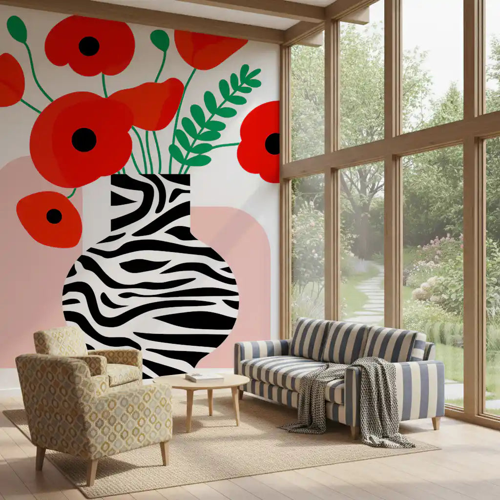 Abstract Poppies in Zebra Print Vase Wall Mural
