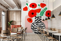 Abstract Poppies in Zebra Print Vase Wall Mural